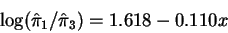 \begin{displaymath}\log(\hat\pi_1/\hat\pi_3) = 1.618 - 0.110x \end{displaymath}