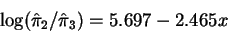 \begin{displaymath}\log(\hat\pi_2/\hat\pi_3) = 5.697 - 2.465x \end{displaymath}